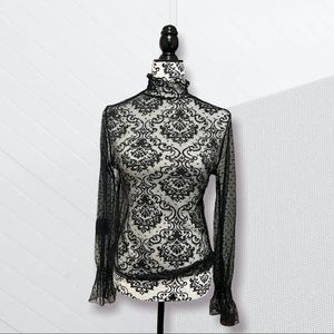 BOUTIQUE MESH BLACK LACE LONG SLEEVE MOCKNECK